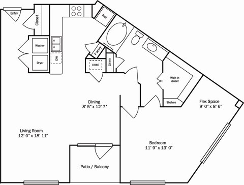 A floor plan of a house with a living room, dining room, kitchen, and bathroom.